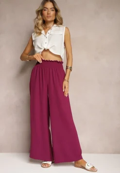 Bordowe Spodnie High Waist z Szerokimi Nogawkami i Gumką w Pasie Risabessa