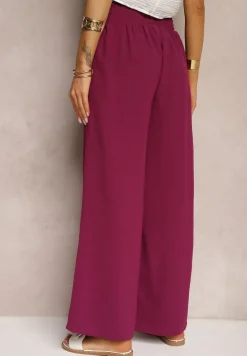 Bordowe Spodnie High Waist z Szerokimi Nogawkami i Gumką w Pasie Risabessa