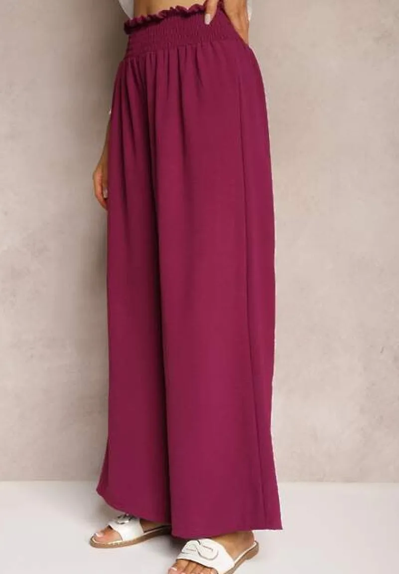 Bordowe Spodnie High Waist z Szerokimi Nogawkami i Gumką w Pasie Risabessa