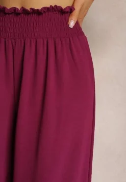 Bordowe Spodnie High Waist z Szerokimi Nogawkami i Gumką w Pasie Risabessa