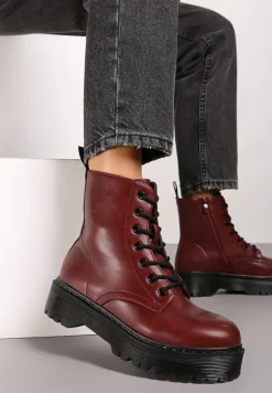 Bordowe Sznurowane Botki Workery na Płaskiej Podeszwie Ciarisea