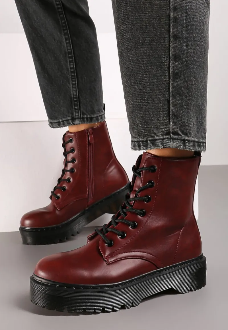 Bordowe Sznurowane Botki Workery na Płaskiej Podeszwie Ciarisea
