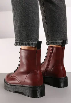 Bordowe Sznurowane Botki Workery na Płaskiej Podeszwie Ciarisea