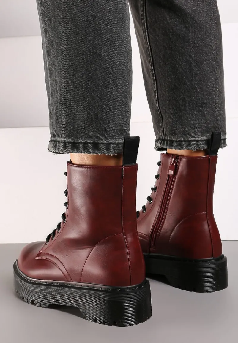Bordowe Sznurowane Botki Workery na Płaskiej Podeszwie Ciarisea