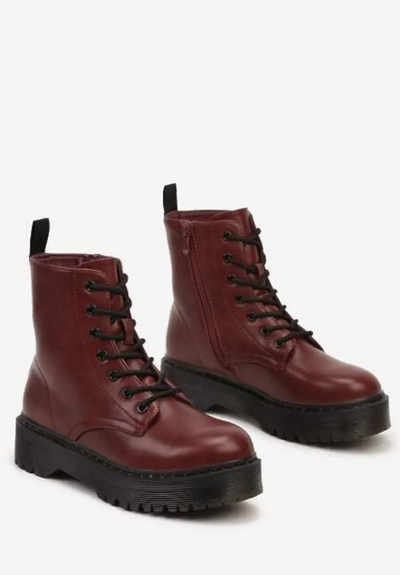 Bordowe Sznurowane Botki Workery na Płaskiej Podeszwie Ciarisea