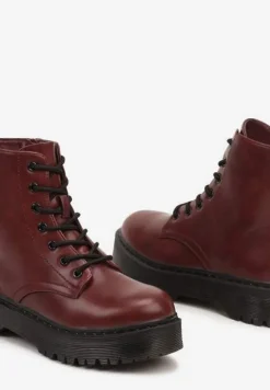 Bordowe Sznurowane Botki Workery na Płaskiej Podeszwie Ciarisea