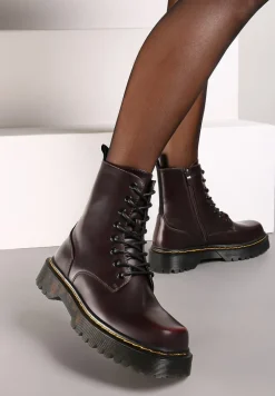 Bordowe Sznurowane Ocieplone Botki na Platformie w Stylu Workerów Crecca