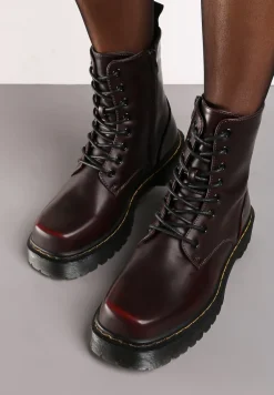 Bordowe Sznurowane Ocieplone Botki na Platformie w Stylu Workerów Crecca