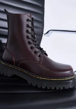 Bordowe Sznurowane Ocieplone Botki na Platformie w Stylu Workerów Crecca