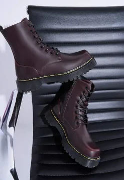 Bordowe Sznurowane Ocieplone Botki na Platformie w Stylu Workerów Crecca