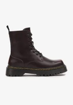 Bordowe Sznurowane Ocieplone Botki na Platformie w Stylu Workerów Crecca