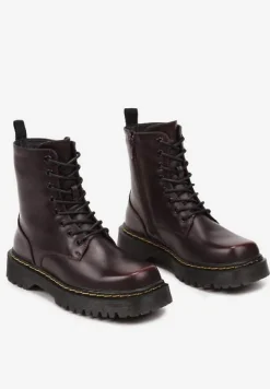 Bordowe Sznurowane Ocieplone Botki na Platformie w Stylu Workerów Crecca