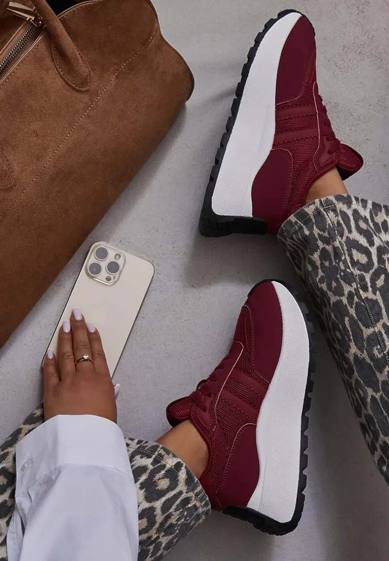 Bordowe Sznurowane Sneakersy Vices na Platformie z Ozdobnymi Paskami Seliniel