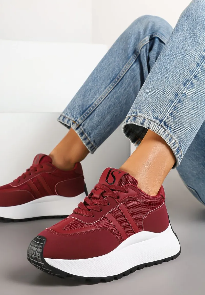 Bordowe Sznurowane Sneakersy Vices na Platformie z Ozdobnymi Paskami Seliniel