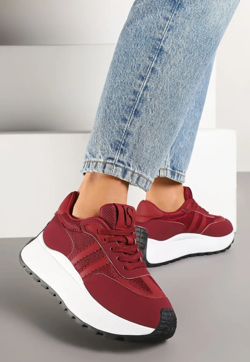 Bordowe Sznurowane Sneakersy Vices na Platformie z Ozdobnymi Paskami Seliniel