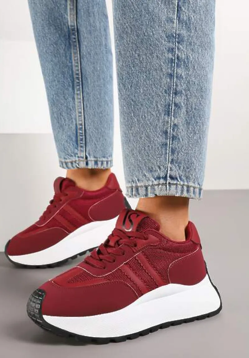 Bordowe Sznurowane Sneakersy Vices na Platformie z Ozdobnymi Paskami Seliniel