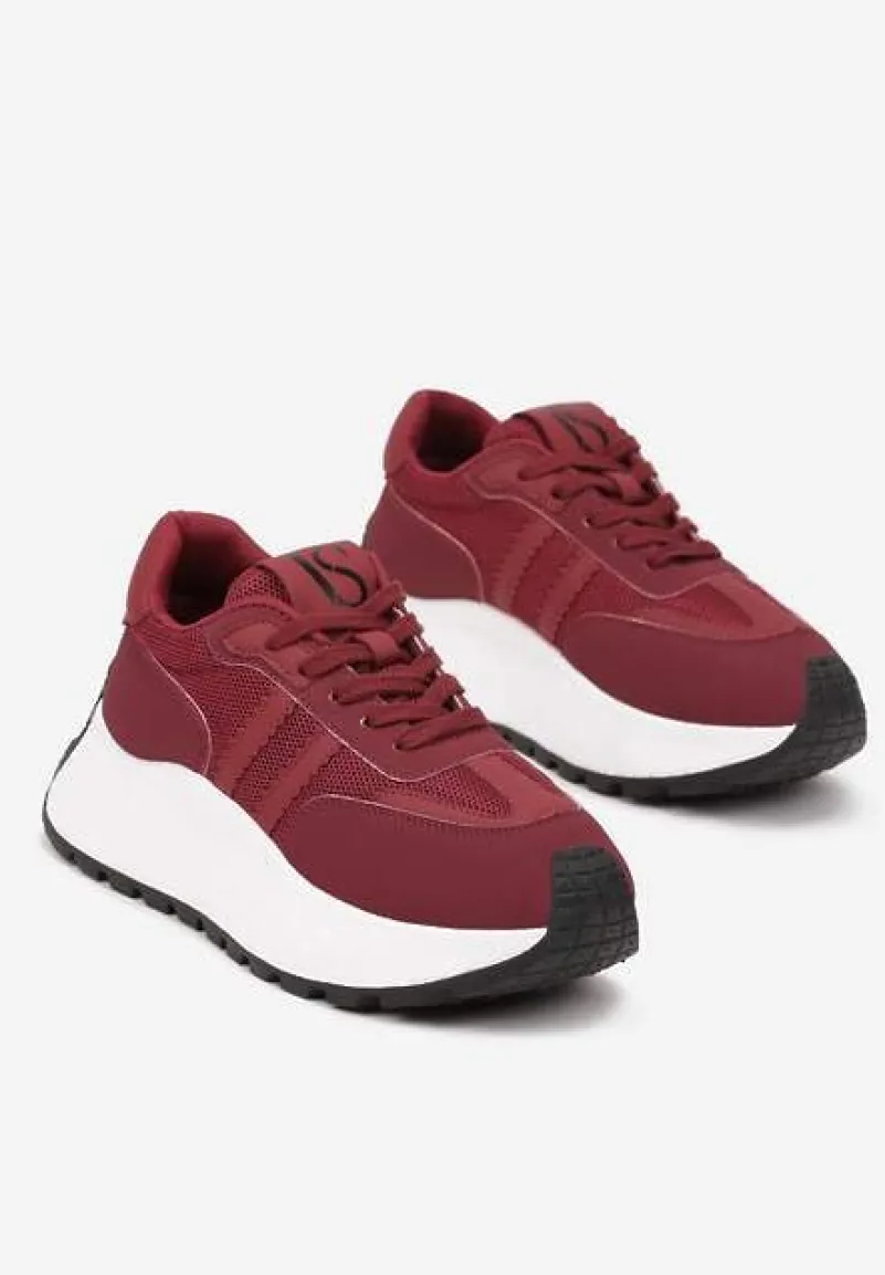 Bordowe Sznurowane Sneakersy Vices na Platformie z Ozdobnymi Paskami Seliniel