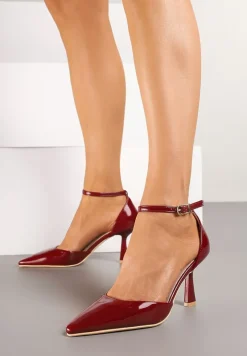 Bordowe Szpilki Vices z Wkładką ze Skóry Naturalnej i Paskiem przy Kostce Nolfedi