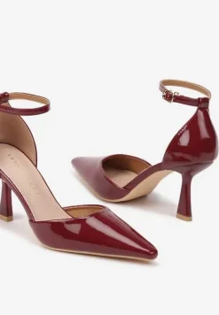 Bordowe Szpilki Vices z Wkładką ze Skóry Naturalnej i Paskiem przy Kostce Nolfedi