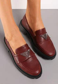 Bordowe Wsuwane Mokasyny ze Świecącą Wstawką na Grubej Podeszwie Elistra