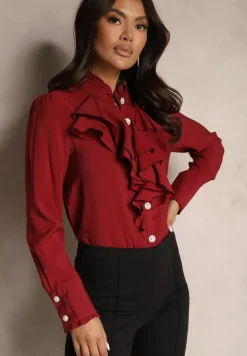 Bordowo-Czerwona Koszula z Wiskozy z Falbanami i Biżuteryjnymi Guzikami Tasvila
