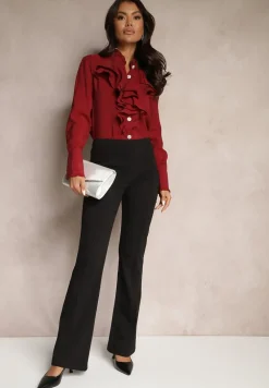 Bordowo-Czerwona Koszula z Wiskozy z Falbanami i Biżuteryjnymi Guzikami Tasvila