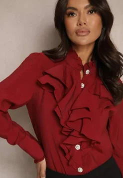 Bordowo-Czerwona Koszula z Wiskozy z Falbanami i Biżuteryjnymi Guzikami Tasvila