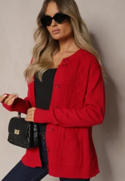 Bordowy Casualowy Kardigan z Bawełną z Kieszonkami Ozdobiony Tłoczeniem Mevanille
