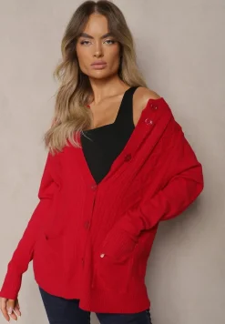 Bordowy Casualowy Kardigan z Bawełną z Kieszonkami Ozdobiony Tłoczeniem Mevanille