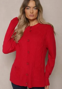 Bordowy Casualowy Kardigan z Bawełną z Kieszonkami Ozdobiony Tłoczeniem Mevanille