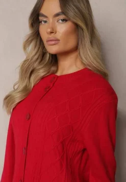 Bordowy Casualowy Kardigan z Bawełną z Kieszonkami Ozdobiony Tłoczeniem Mevanille