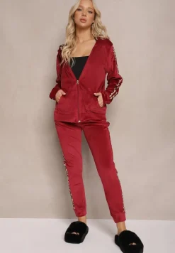 Bordowy 2-częściowy Komplet Dresowy Welurowy z Lampasami Srinan