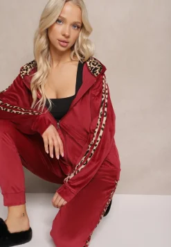 Bordowy 2-częściowy Komplet Dresowy Welurowy z Lampasami Srinan
