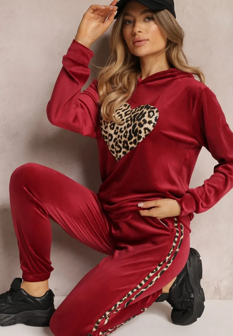 Bordowy 2-częściowy Welurowy Komplet Dresowy z Lampasami Vofru