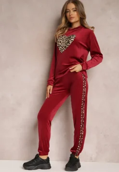 Bordowy 2-częściowy Welurowy Komplet Dresowy z Lampasami Vofru