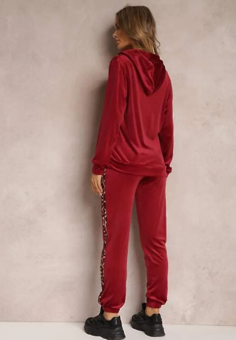 Bordowy 2-częściowy Welurowy Komplet Dresowy z Lampasami Vofru