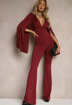Bordowy Dopasowany Kombinezon z Rozkloszowanymi Rękawami i Głębokim Dekoltem Andrika