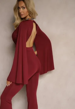 Bordowy Dopasowany Kombinezon z Rozkloszowanymi Rękawami i Głębokim Dekoltem Andrika