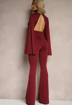 Bordowy Dopasowany Kombinezon z Rozkloszowanymi Rękawami i Głębokim Dekoltem Andrika