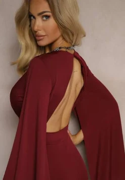 Bordowy Dopasowany Kombinezon z Rozkloszowanymi Rękawami i Głębokim Dekoltem Andrika