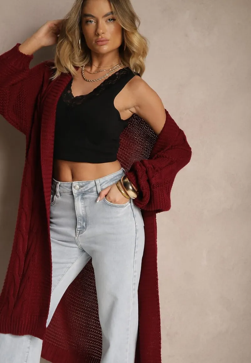 Bordowy Długi Kardigan z Ozdobnym Szerokim Splotem Havsana