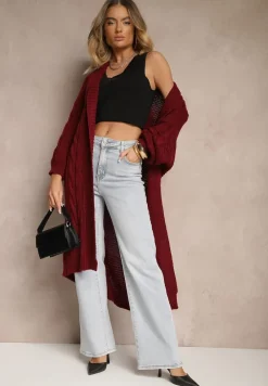 Bordowy Długi Kardigan z Ozdobnym Szerokim Splotem Havsana