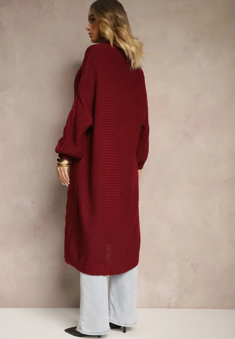 Bordowy Długi Kardigan z Ozdobnym Szerokim Splotem Havsana