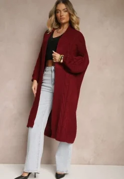 Bordowy Długi Kardigan z Ozdobnym Szerokim Splotem Havsana