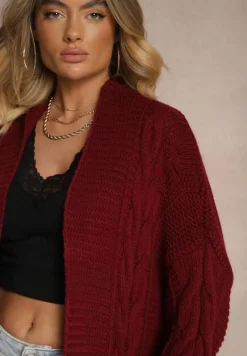 Bordowy Długi Kardigan z Ozdobnym Szerokim Splotem Havsana
