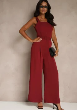 Bordowy Elegancki Kombinezon Ozdobiony Paskiem z Klamrą Dolanela