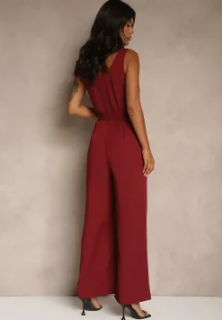 Bordowy Elegancki Kombinezon Ozdobiony Paskiem z Klamrą Dolanela