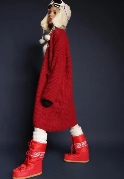 Bordowy Kardigan Bez Zapięć Zdobiony Luźnym Splotem i Wsuwanymi Kieszeniami Calineth