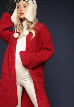 Bordowy Kardigan Bez Zapięć Zdobiony Luźnym Splotem i Wsuwanymi Kieszeniami Calineth