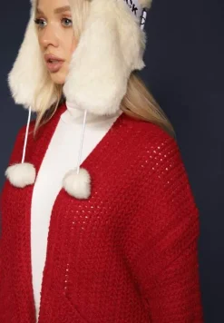 Bordowy Kardigan Bez Zapięć Zdobiony Luźnym Splotem i Wsuwanymi Kieszeniami Calineth